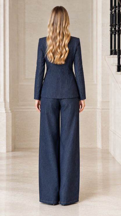 Back view of model wearing Navy Blue fitted blazer and wide-leg trousers