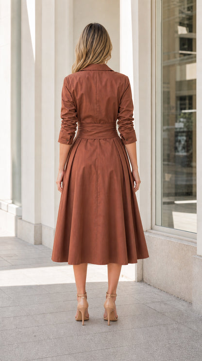 Back view of woman wearing brown lapel midi trench dress