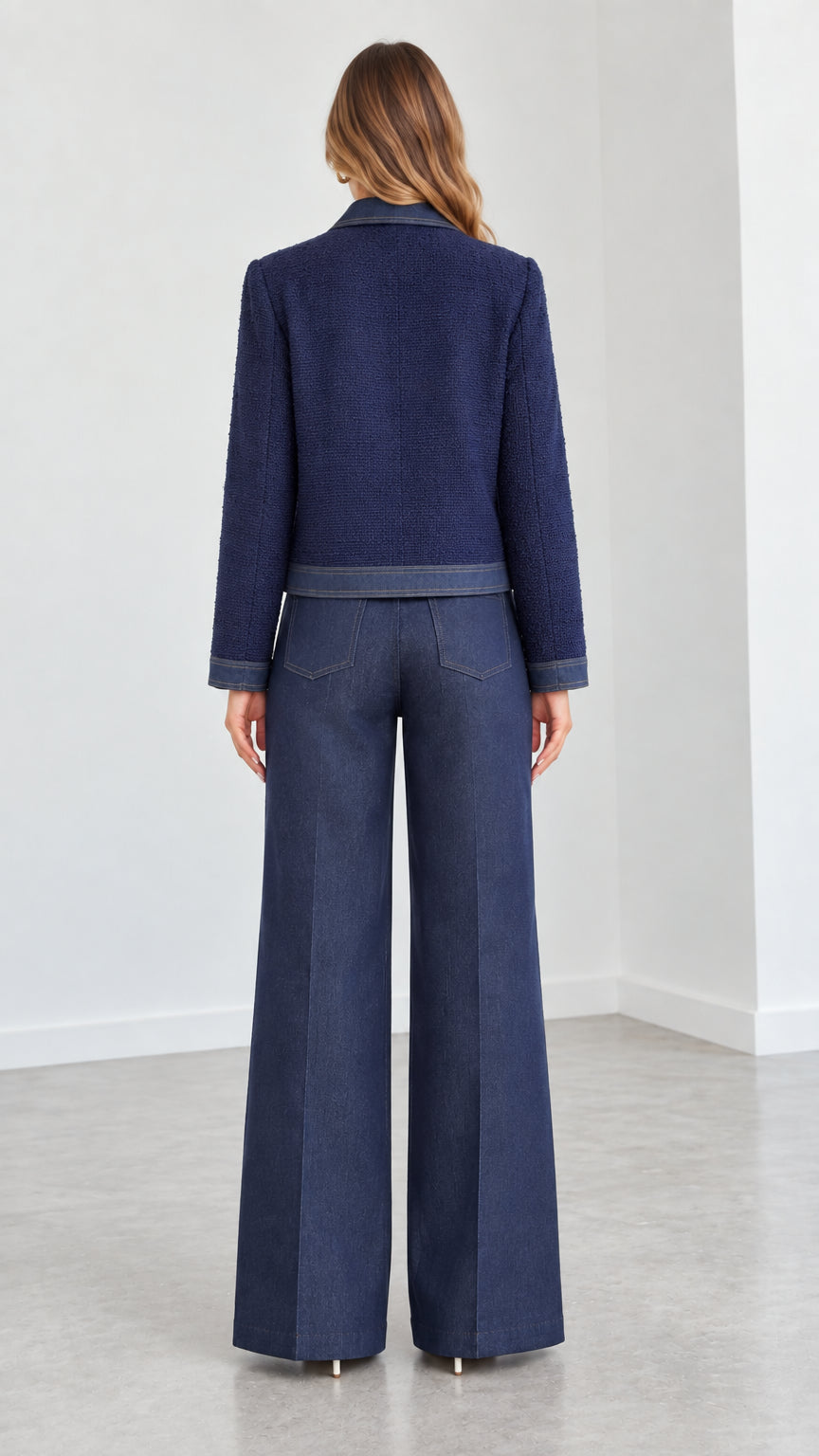 Back view of navy blue tailored jacket and matching wide leg trousers