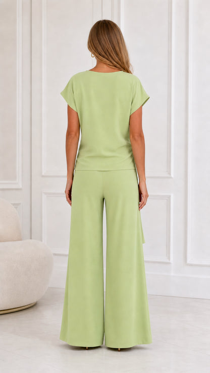 Back view of sage green top and wide-leg pants set