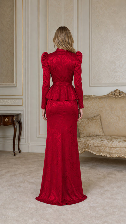 Back view of woman wearing red floor length peplum evening dress