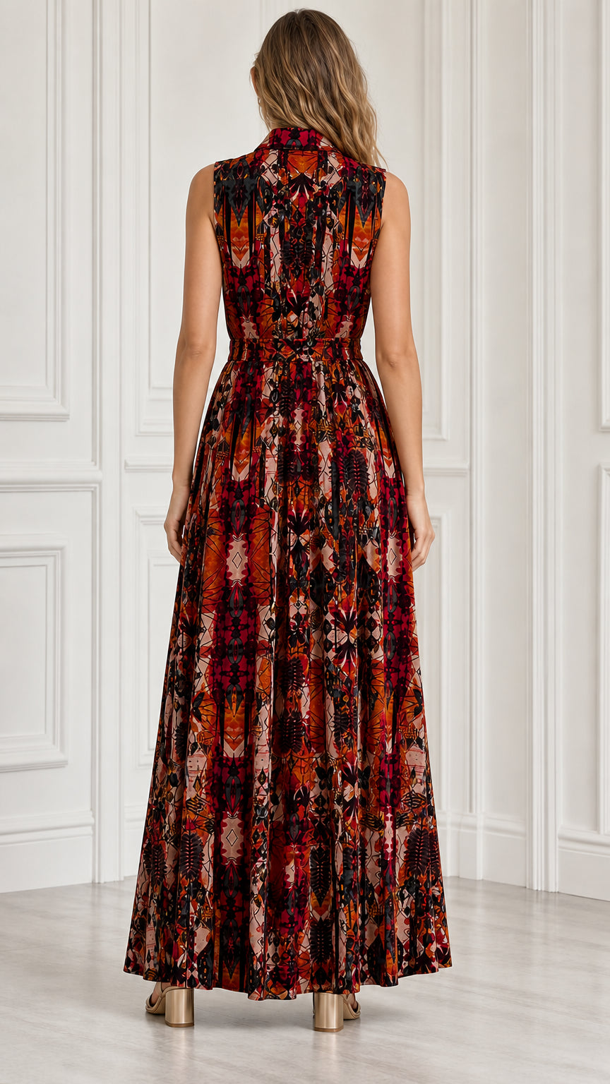 Back view of model wearing sleeveless rust orange collared maxi dress