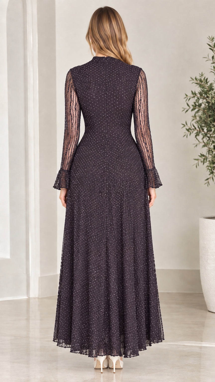 Back view of dark purple long-sleeve glitter pleated maxi gown