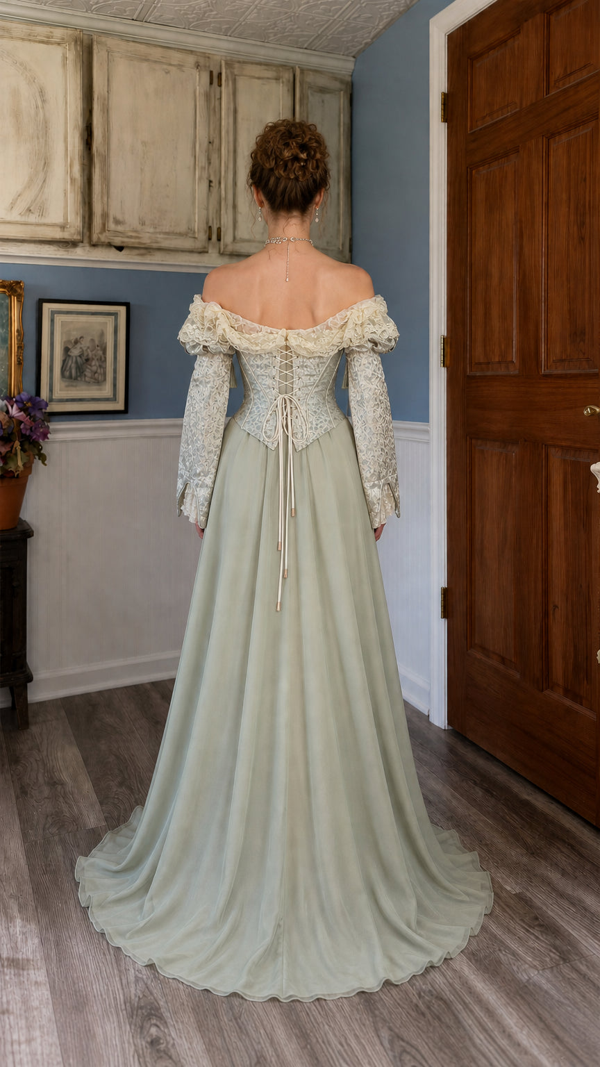 Back view of sage green Renaissance dress showing lace-up corset detail
