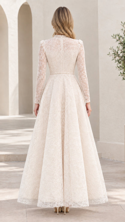 Back view of woman wearing high-neck ivory lace formal maxi dress