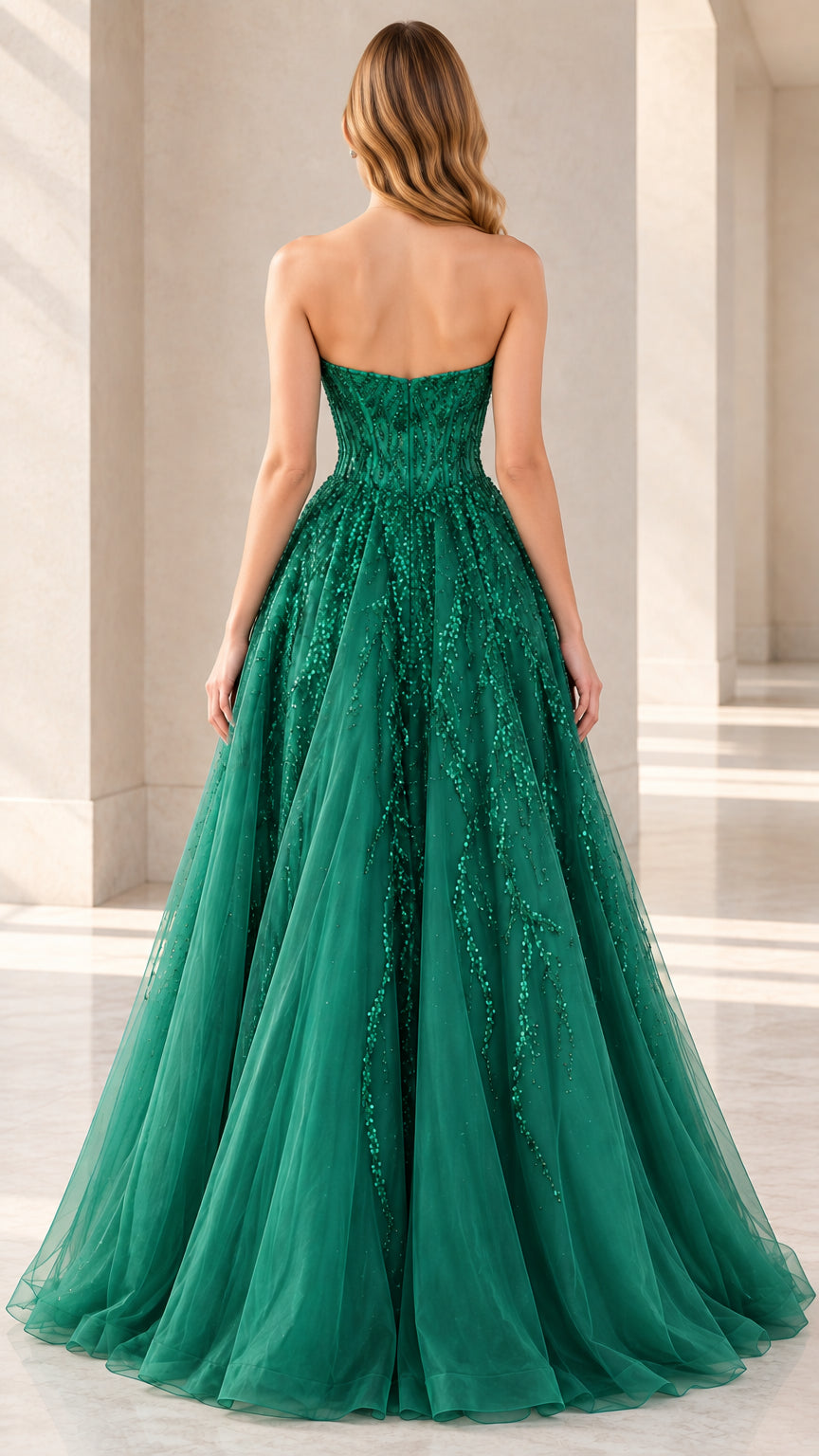 Emerald green strapless evening gown back view
