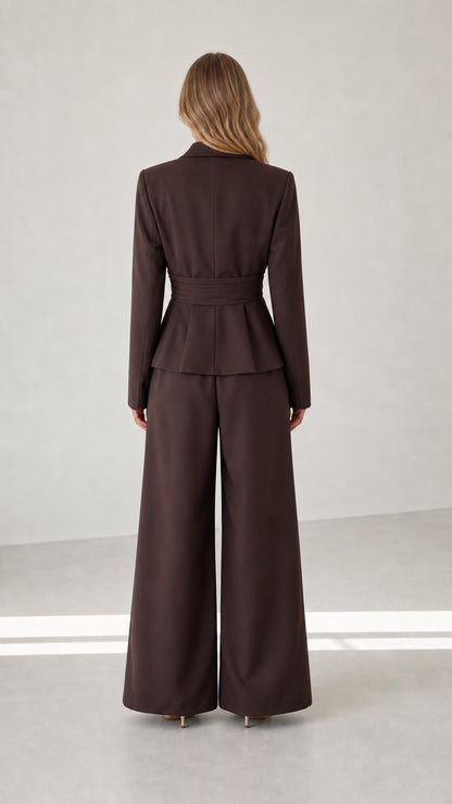 Back view of chocolate brown blazer and wide-leg trousers outfit