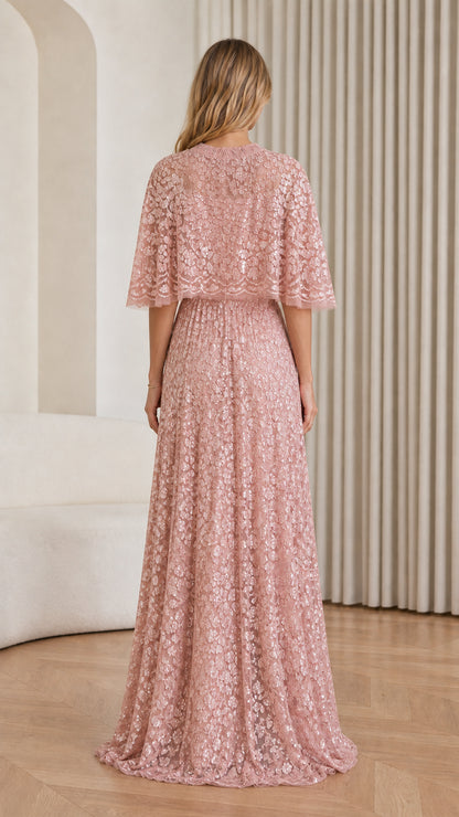 Back view of Dusty Rose sequin cape maxi dress