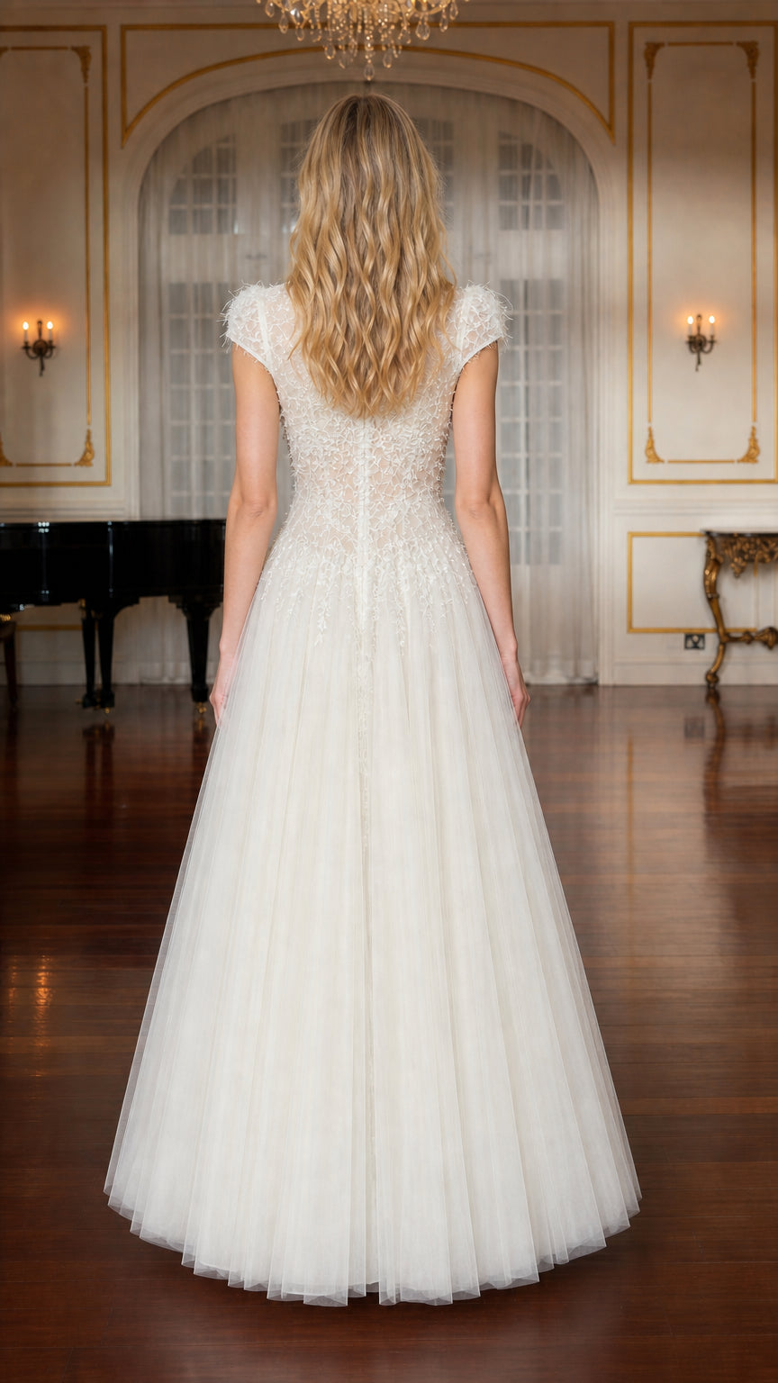 Back view of ivory A-line evening dress