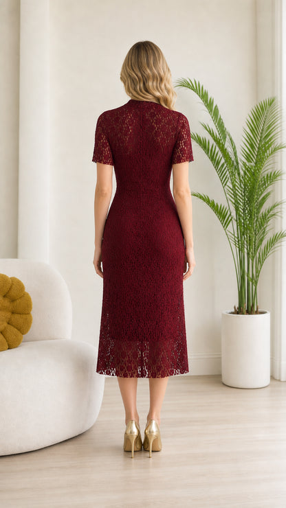 Back view of model in Burgundy midi lace dress showing zipper and fit