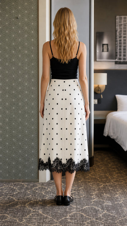 Back view of model showcasing the midi length skirt and lace trim