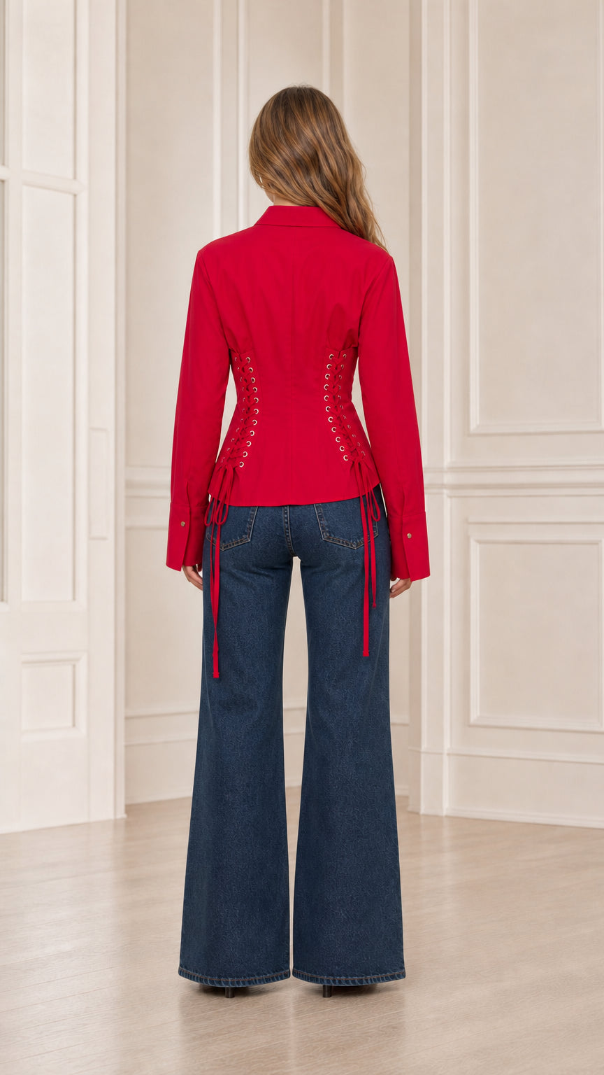 Back view of tailored red long sleeve collared button-down shirt