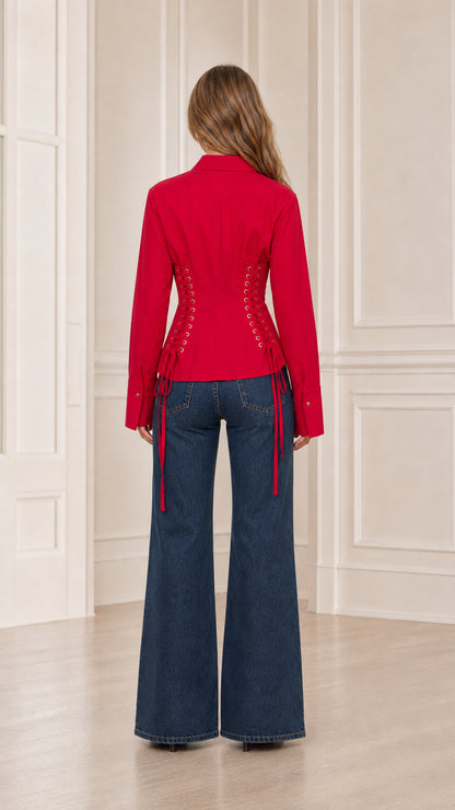 Back view of tailored red long sleeve collared button-down shirt