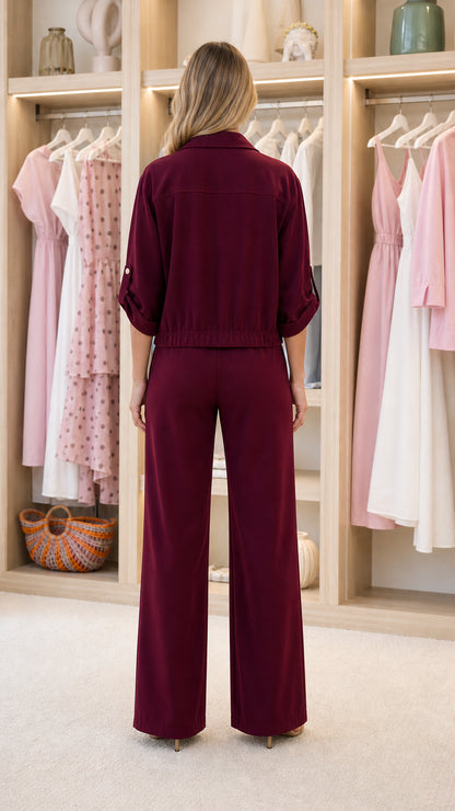 Model wearing Burgundy matching set, back view