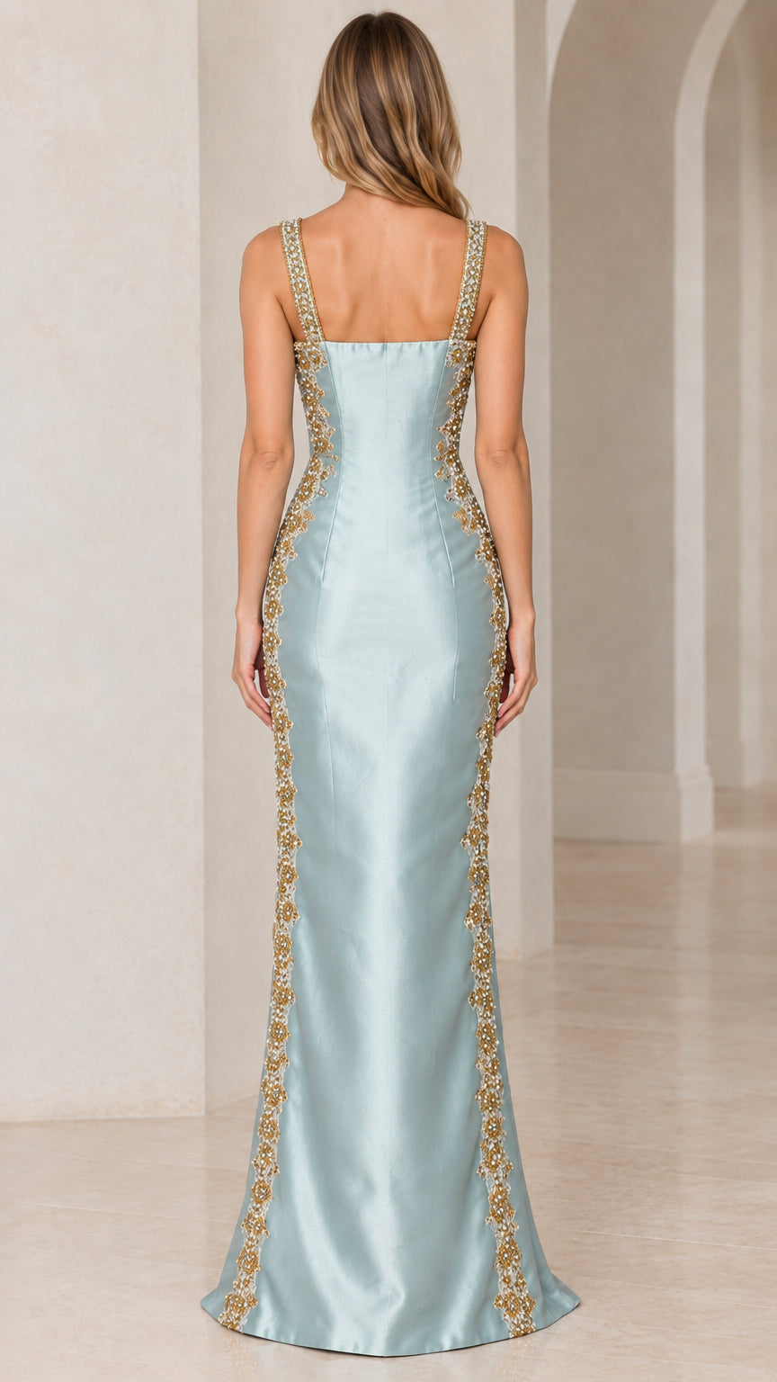 Back view of woman wearing Light Blue square neck satin maxi gown