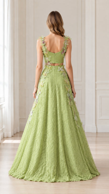 Back view of Sage Green lace evening gown showing cutout waist detail