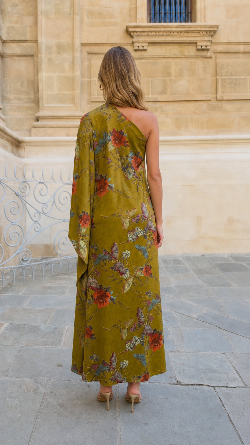 Back view of model wearing olive green one-shoulder floral maxi dress