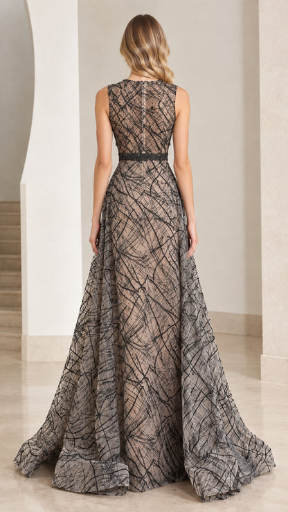 Back view of sleeveless charcoal grey evening gown showing high back and concealed zipper