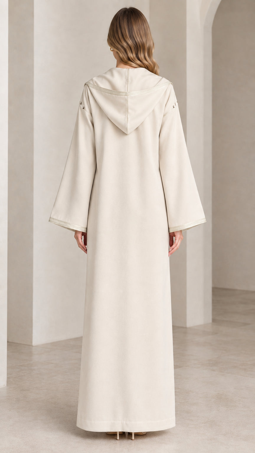 Back view of woman showing the pointed hood detail on cream kaftan dress