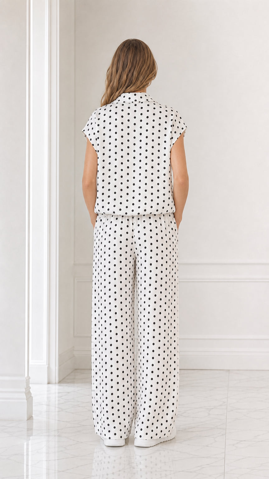 Back view of model showcasing the relaxed fit of the white polka dot 2-piece set