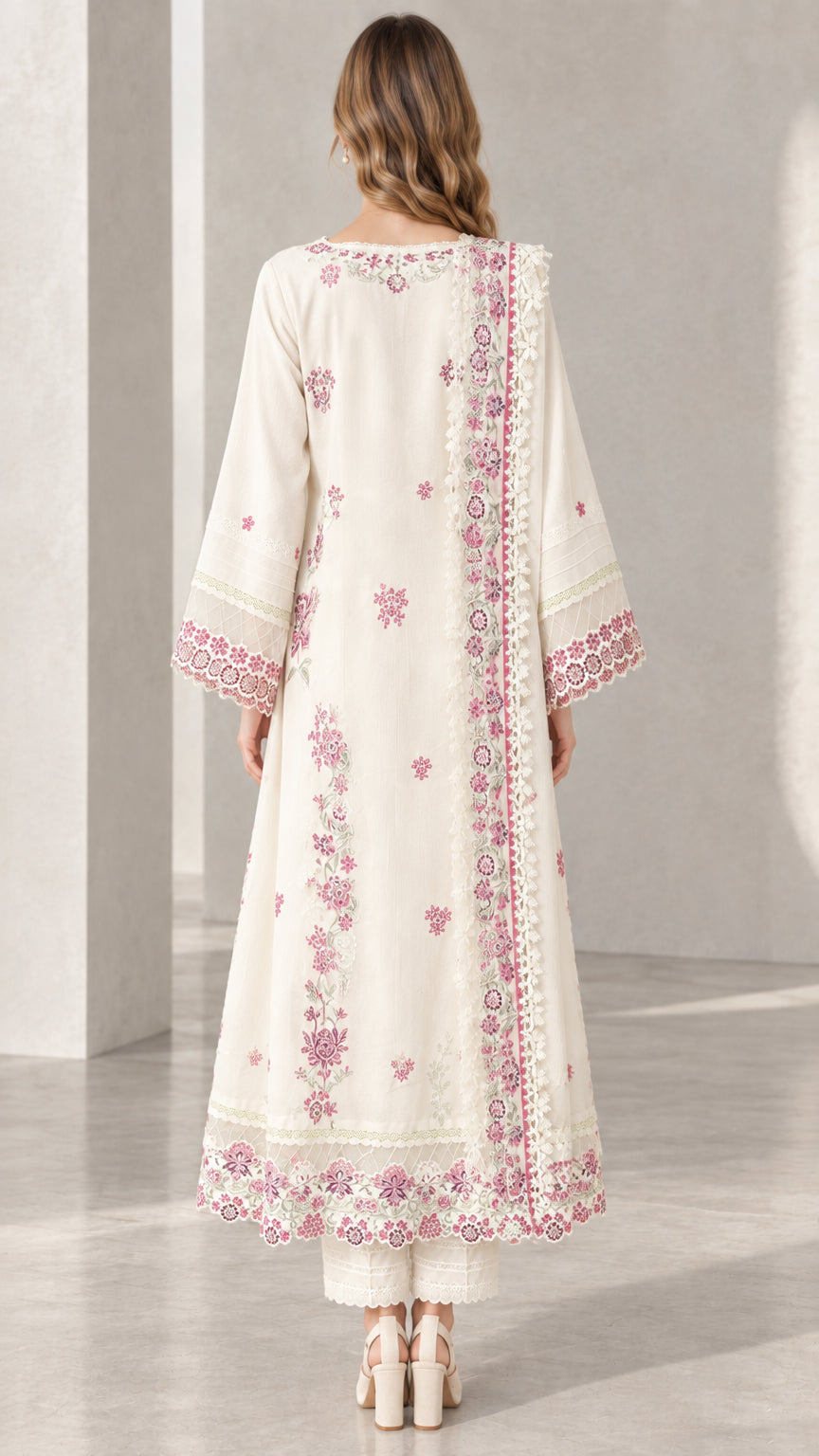 Back view of model showing Cream embroidered tunic and draped scarf details