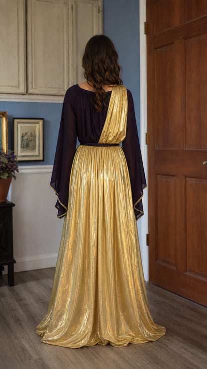 Grecian goddess gold metallic maxi dress back view