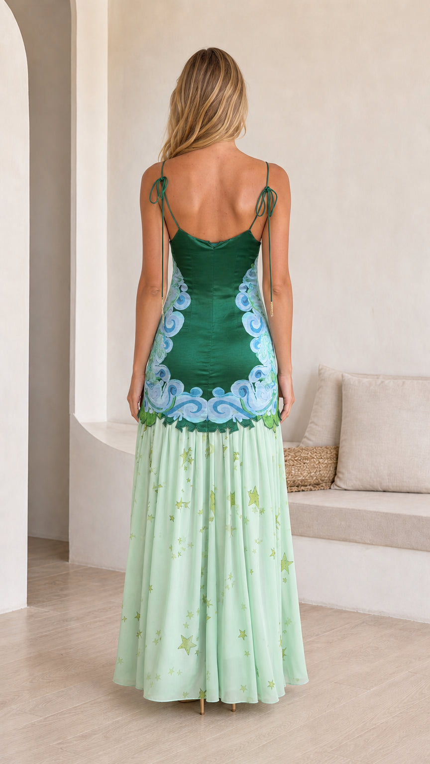 Back view showcasing tie straps on green dress