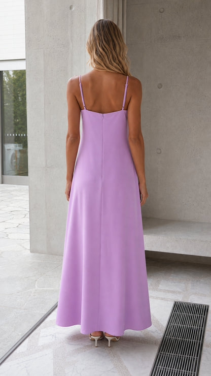 Back view of model in lavender A-line maxi dress