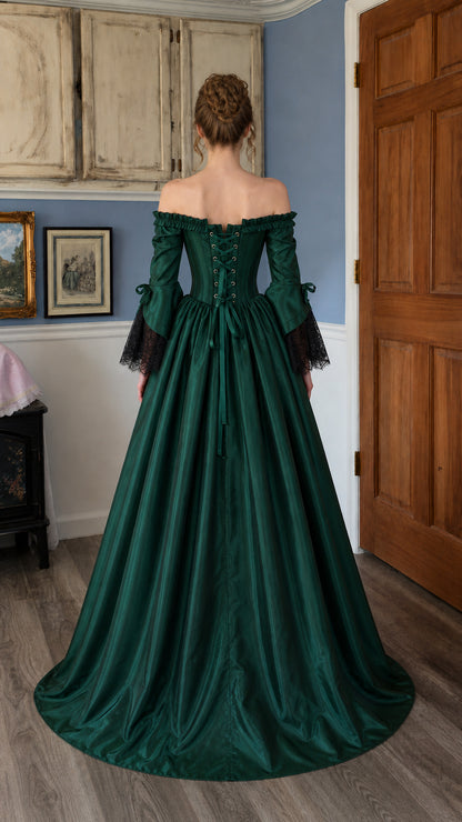 Renaissance green ball gown back view with corset lacing