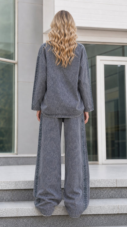 Back view of charcoal grey washed lounge set with relaxed wide leg trousers