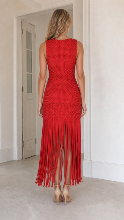 Back view of model in red woven fringe maxi dress