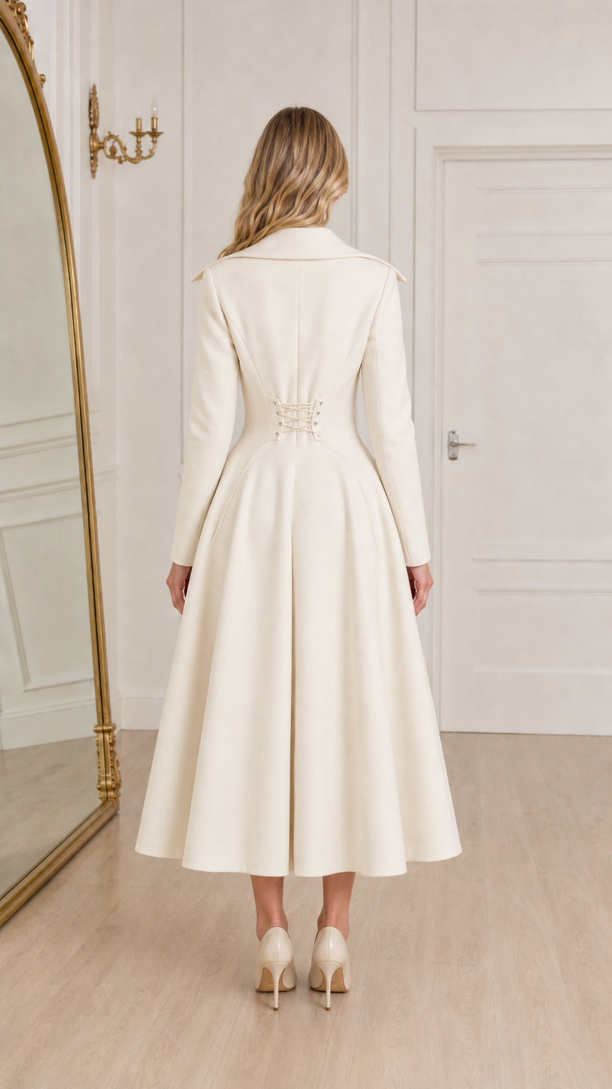 Back view of ivory white fit and flare coat dress showing tailored waist seam