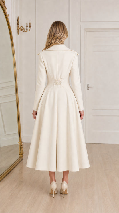Back view of ivory white fit and flare coat dress showing tailored waist seam