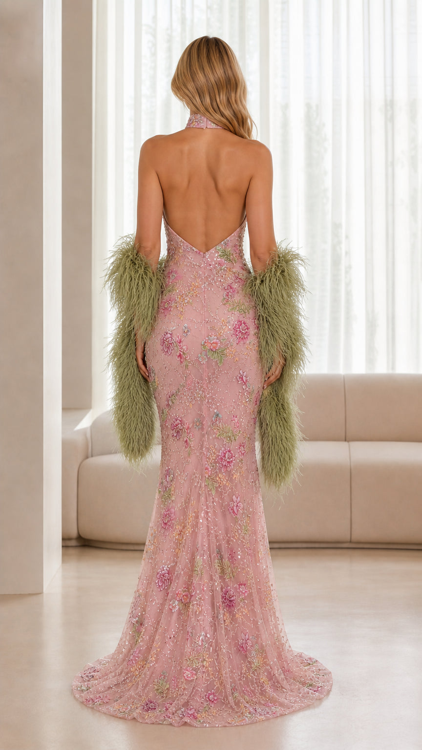 Blush pink backless halter evening dress rear view