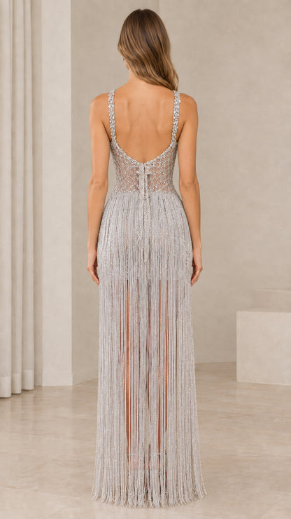 Silver low back rhinestone fringe evening maxi dress back view
