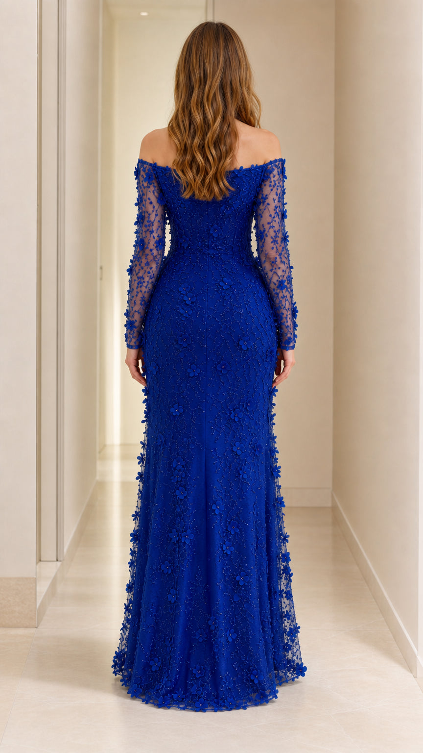Back view of royal blue off-the-shoulder floor length gown