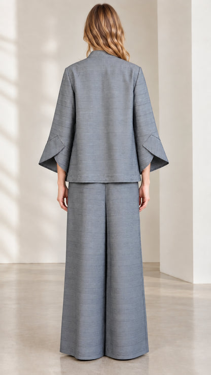 Back view of Grey Plaid Mandarin Collar Jacket and Wide-Leg Pants