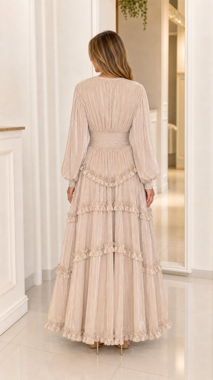 Back view of Champagne Beige long sleeve pleated maxi dress