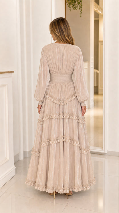 Back view of Champagne Beige long sleeve pleated maxi dress