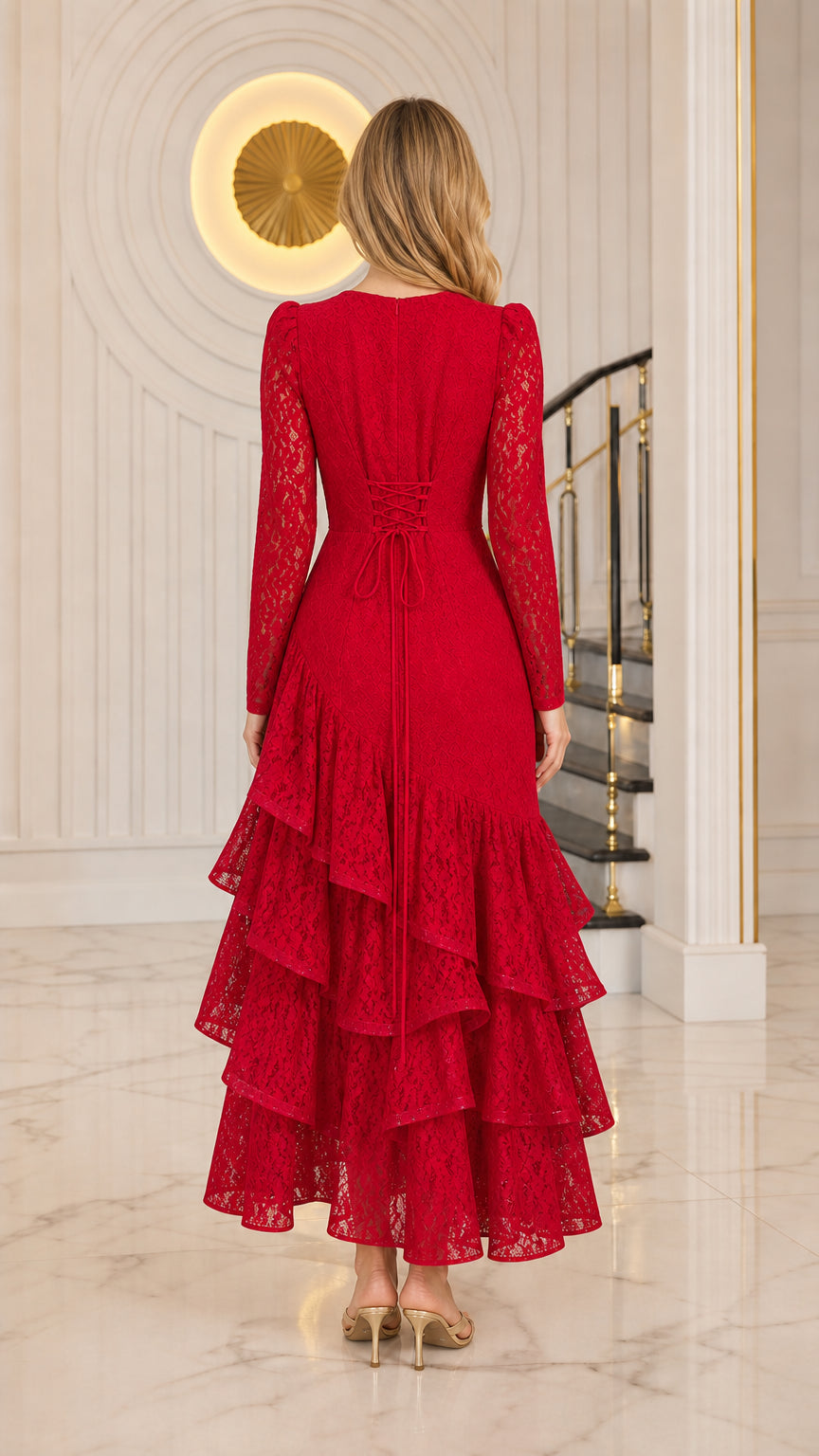 Back view of the red lace maxi dress highlighting the lace-up tie-back detail