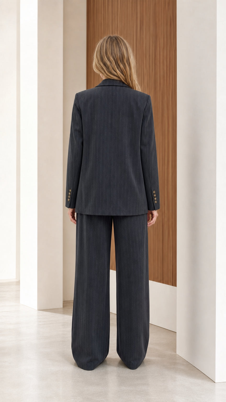 Back view of model wearing charcoal grey pinstripe blazer and matching trousers