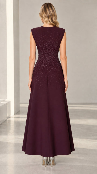 Burgundy formal evening gown back view showing tailored fit