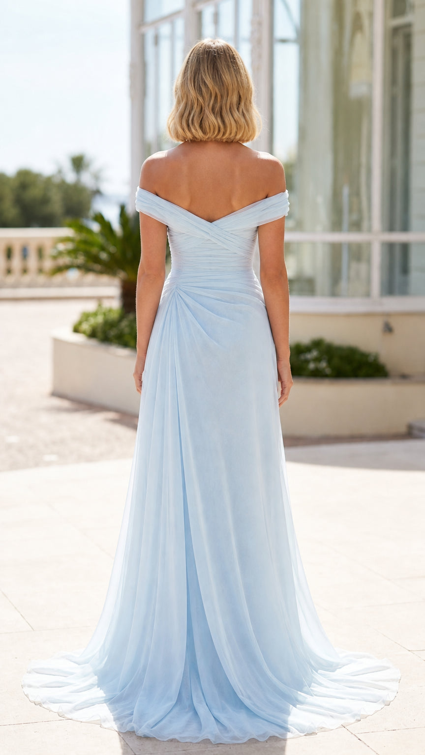 Back view of sky blue off-the-shoulder evening dress with crossover back drape
