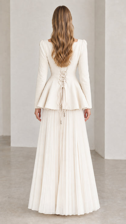 Off-white corset peplum maxi dress back view showing back lace-up waist