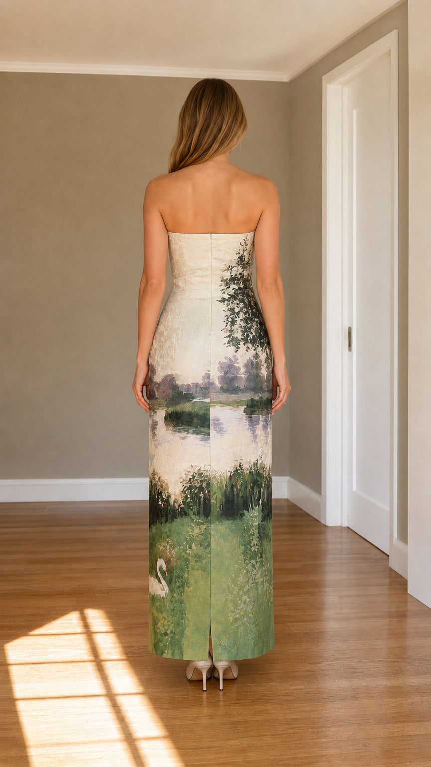 Back view of ivory strapless scenic print column dress showing center back hem slit and clean fit