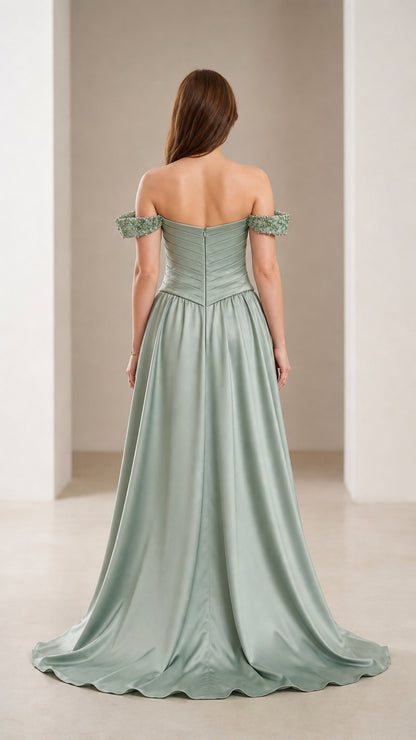 Back view of sage green evening dress with train