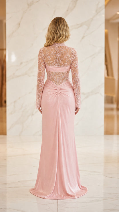 Model wearing pink evening gown, back view showing train