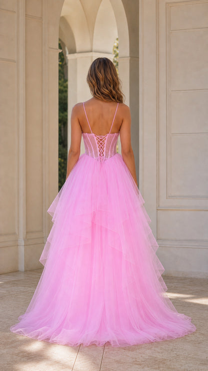 Pink ball gown back view with lace-up corset