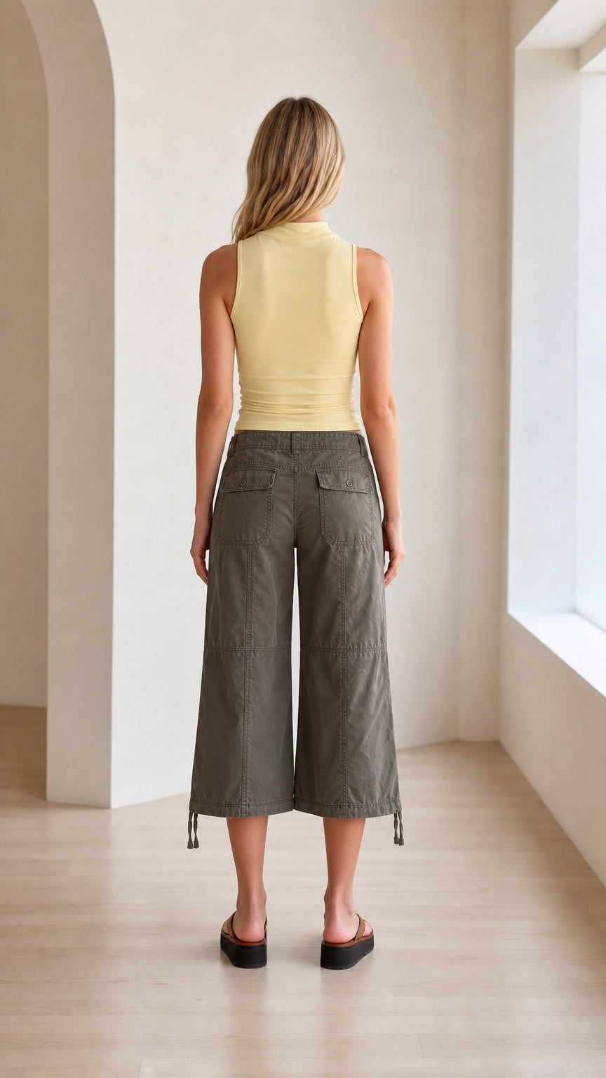 Back view of model wearing light yellow mock neck sleeveless tank top
