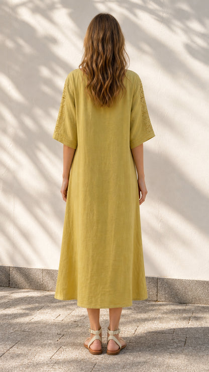 Back view of model in yellow midi dress